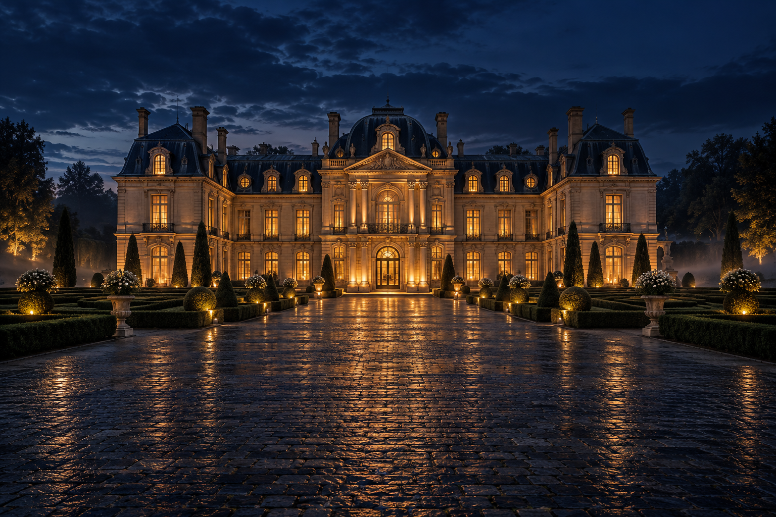 Château à la française illuminé au crépuscule